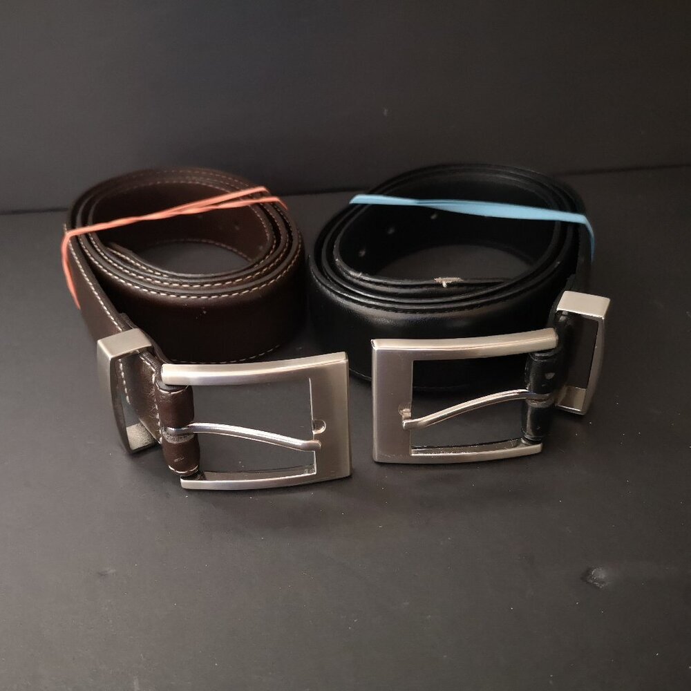 2 - Unbranded Men's Leather Belts w/ Heavy Silver Tone Metal Buckle Size 34